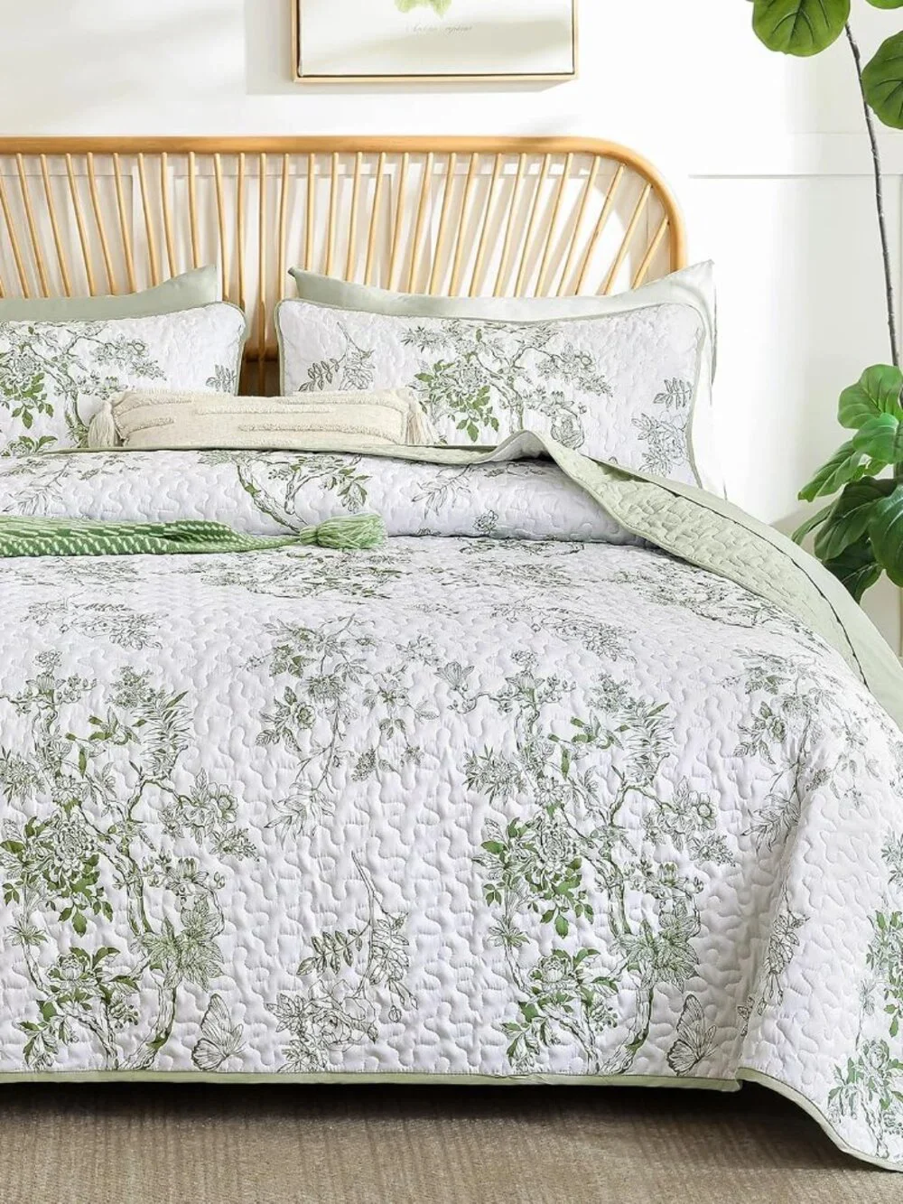 Floral Quilt Set Full,Green Botanical Pattern Quilts Bedspread Coverlet Set for
